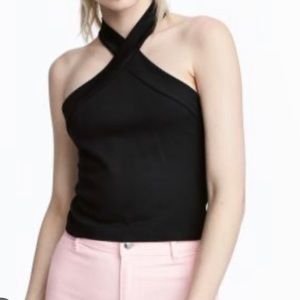 Divided by H&M high‎ neck criss cross zipper back black crop top size Small